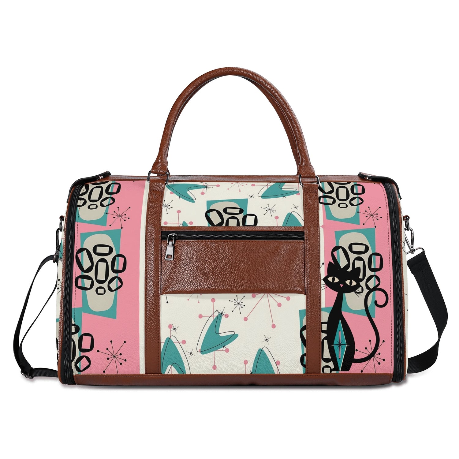 Mid Century Modern Travel Duffle Trifold Bag, Atomic Cat, Kitschy Pink, Aqua Starbursts Designed Retro Bag - Mid Century Modern Gal