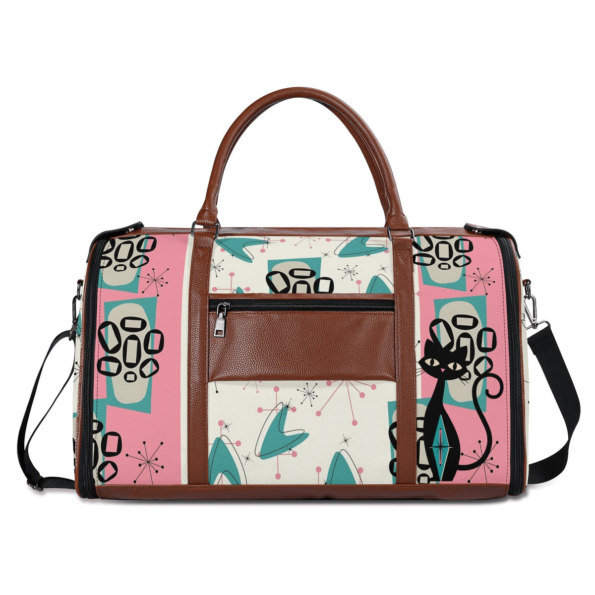 Mid Century Modern Travel Duffle Trifold Bag, Atomic Cat, Kitschy Pink, Aqua Starbursts Designed Retro Bag - Mid Century Modern Gal