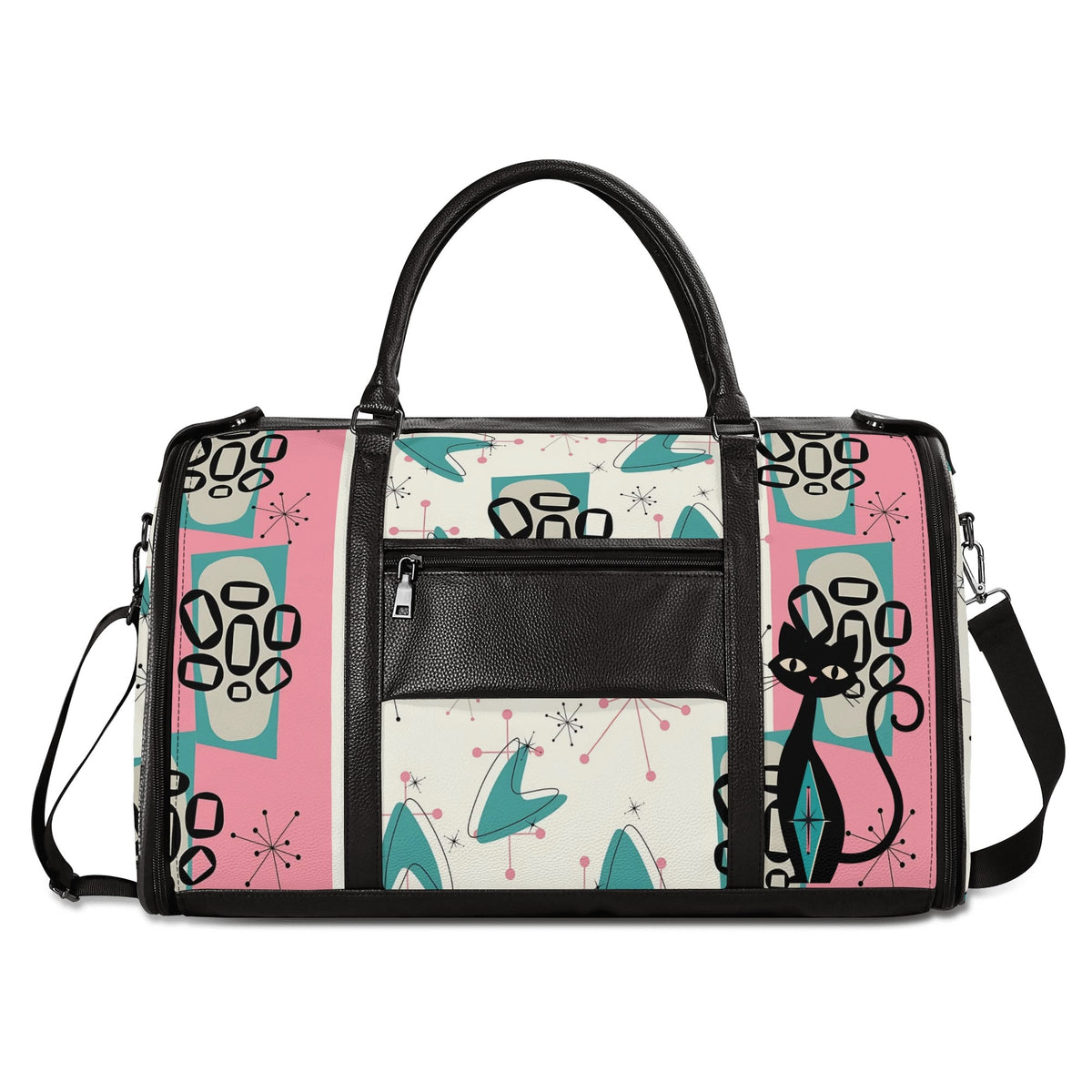 Mid Century Modern Travel Duffle Trifold Bag, Atomic Cat, Kitschy Pink, Aqua Starbursts Designed Retro Bag - Mid Century Modern Gal