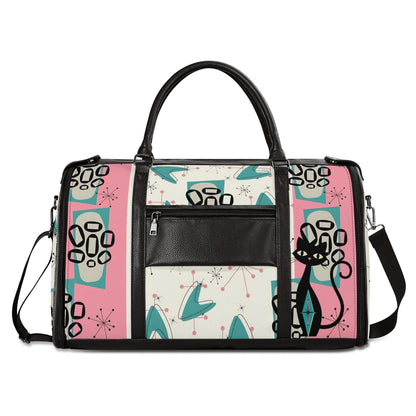 Mid Century Modern Travel Duffle Trifold Bag, Atomic Cat, Kitschy Pink, Aqua Starbursts Designed Retro Bag - Mid Century Modern Gal