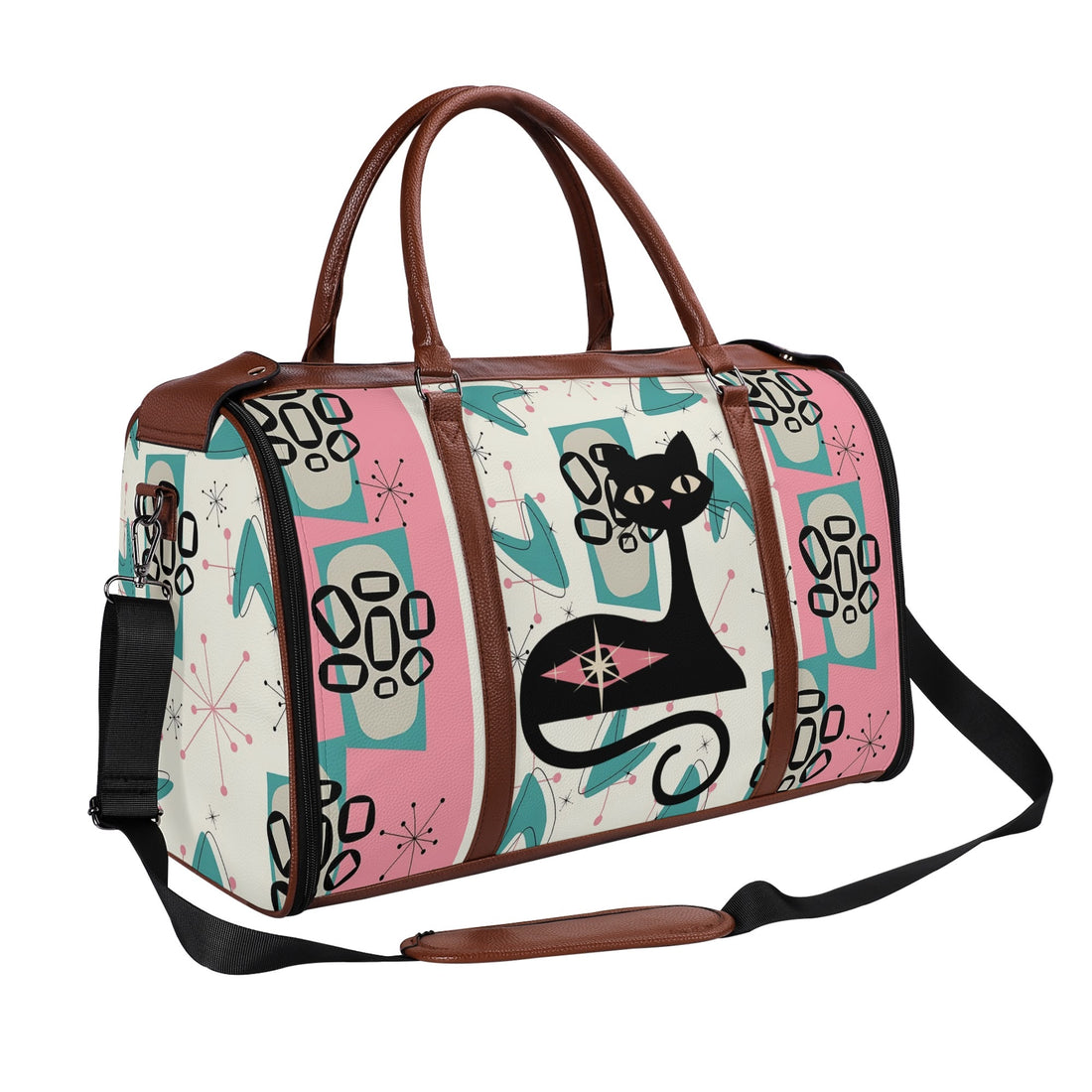 Mid Century Modern Travel Duffle Trifold Bag, Atomic Cat, Kitschy Pink, Aqua Starbursts Designed Retro Bag - Mid Century Modern Gal