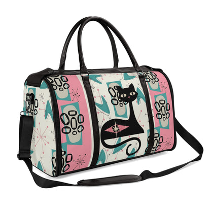 Mid Century Modern Travel Duffle Trifold Bag, Atomic Cat, Kitschy Pink, Aqua Starbursts Designed Retro Bag - Mid Century Modern Gal