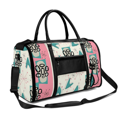Mid Century Modern Travel Duffle Trifold Bag, Atomic Cat, Kitschy Pink, Aqua Starbursts Designed Retro Bag - Mid Century Modern Gal