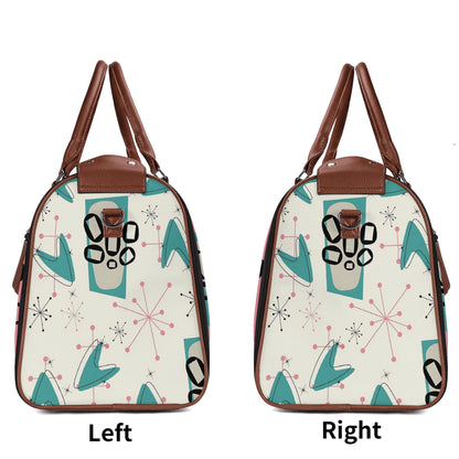 Mid Century Modern Travel Duffle Trifold Bag, Atomic Cat, Kitschy Pink, Aqua Starbursts Designed Retro Bag - Mid Century Modern Gal