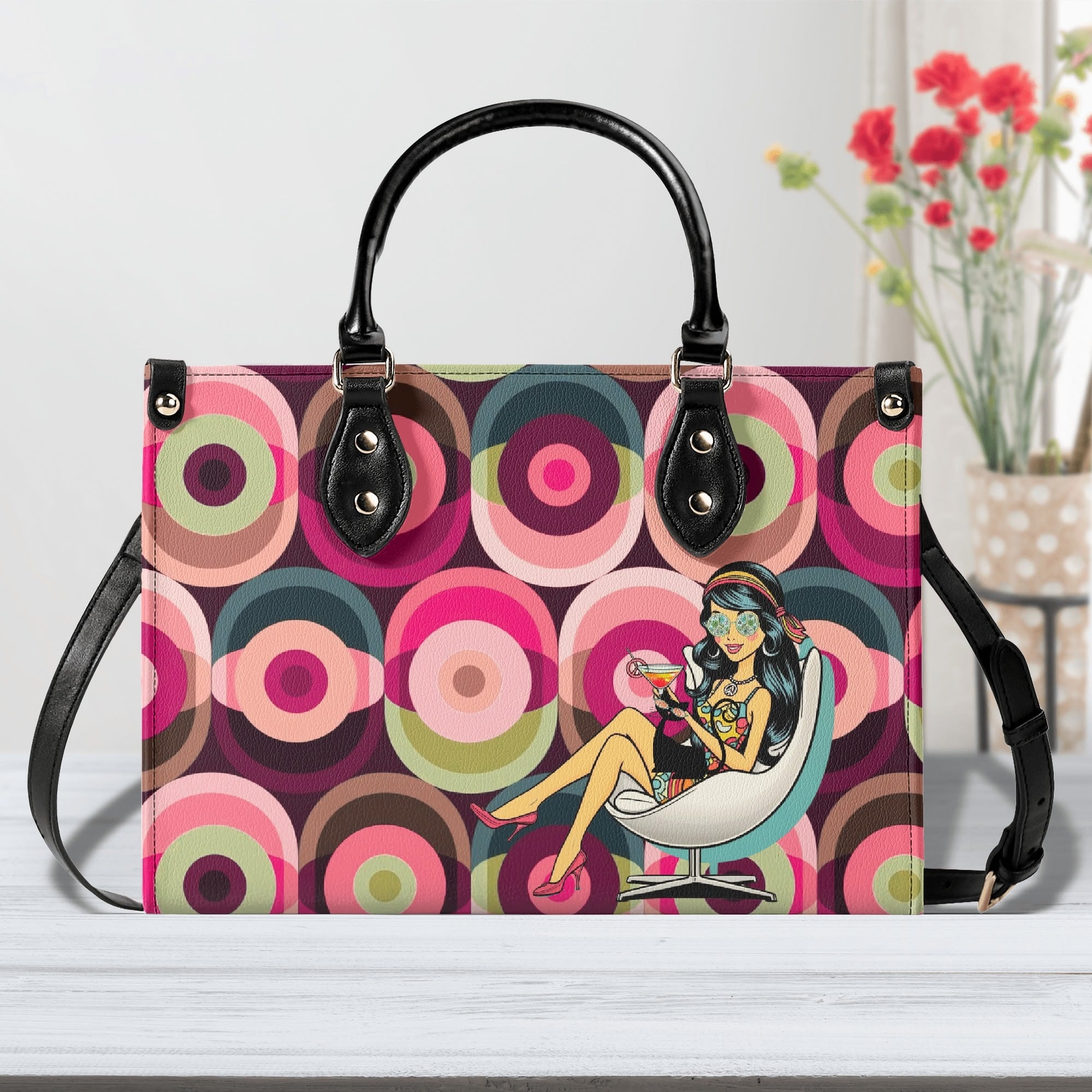 Mid Century Modern Gal Signature Atomic Cat And Hippie Mod Gal, Retro Orbs Summer Vibes Handbag - Mid Century Modern Gal