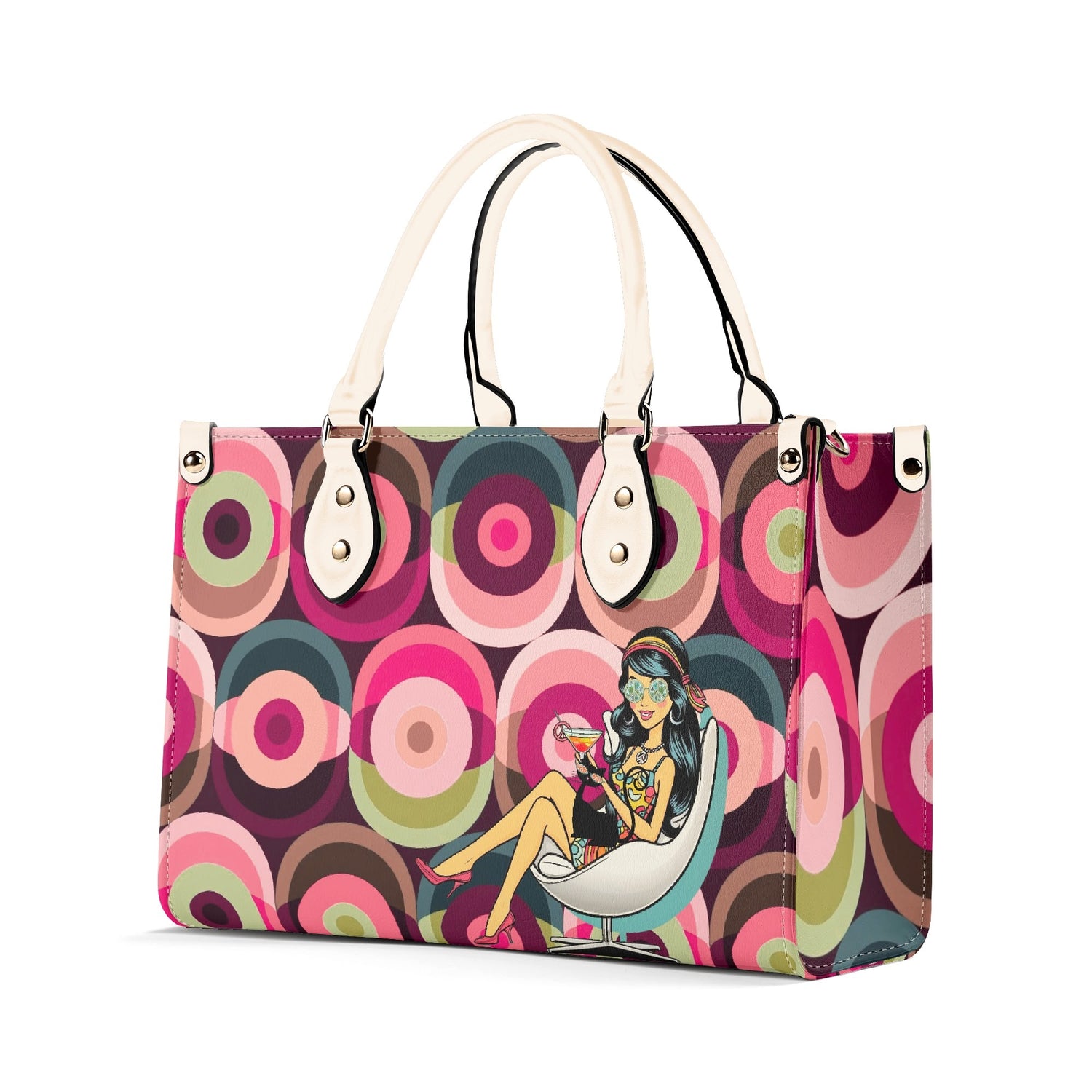 Mid Century Modern Gal Signature Atomic Cat And Hippie Mod Gal, Retro Orbs Summer Vibes Handbag - Mid Century Modern Gal
