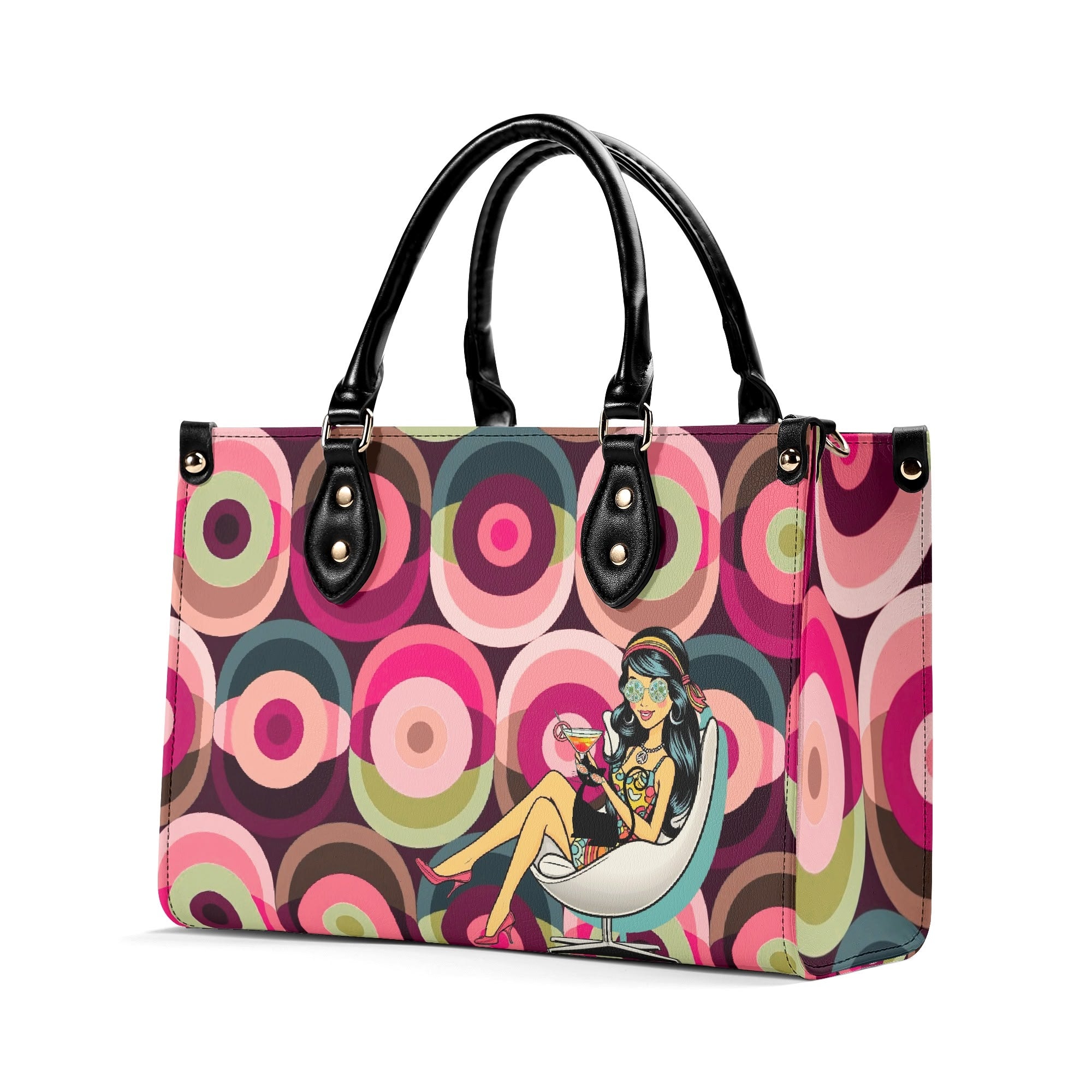 Mid Century Modern Gal Signature Atomic Cat And Hippie Mod Gal, Retro Orbs Summer Vibes Handbag - Mid Century Modern Gal