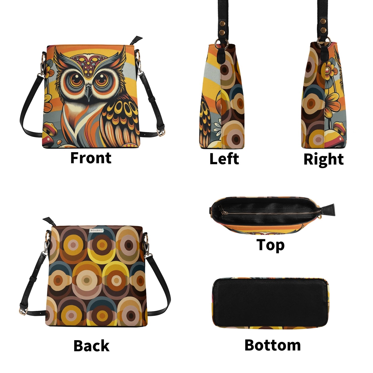 70s Retro Owl Groovy Mushroom Hip Mid Mod Bucket Bag - Mid Century Modern Gal