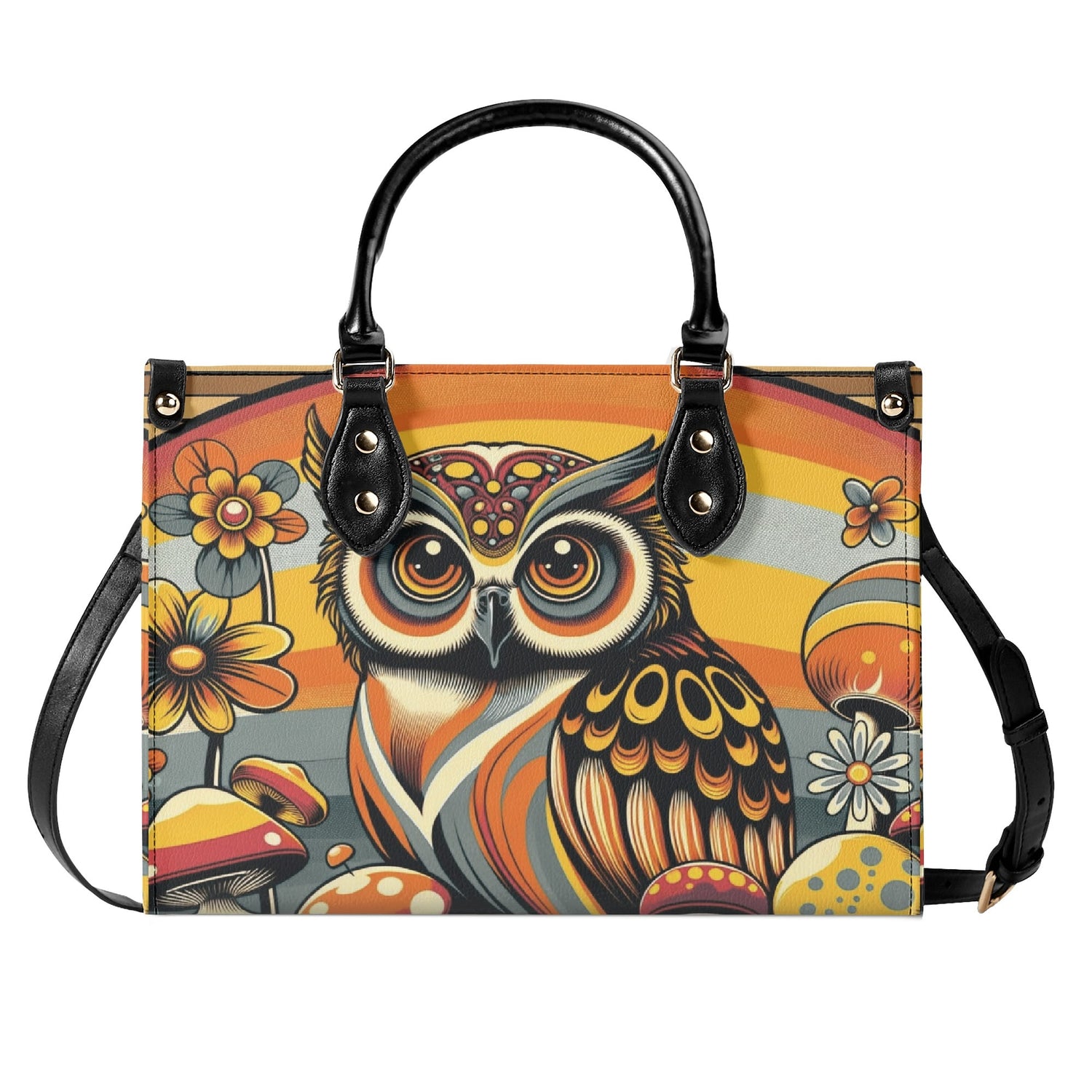 Groovy 70s Retro Owl, Mushroom, Floral Hipster Funky Flaired Handbag Shoulder Bag - Mid Century Modern Gal