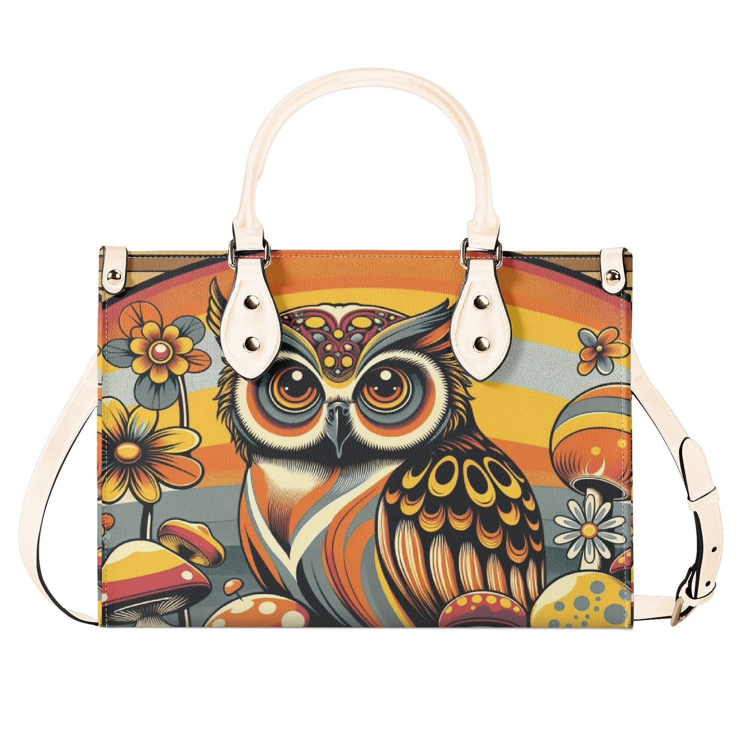 Groovy 70s Retro Owl, Mushroom, Floral Hipster Funky Flaired Handbag Shoulder Bag - Mid Century Modern Gal