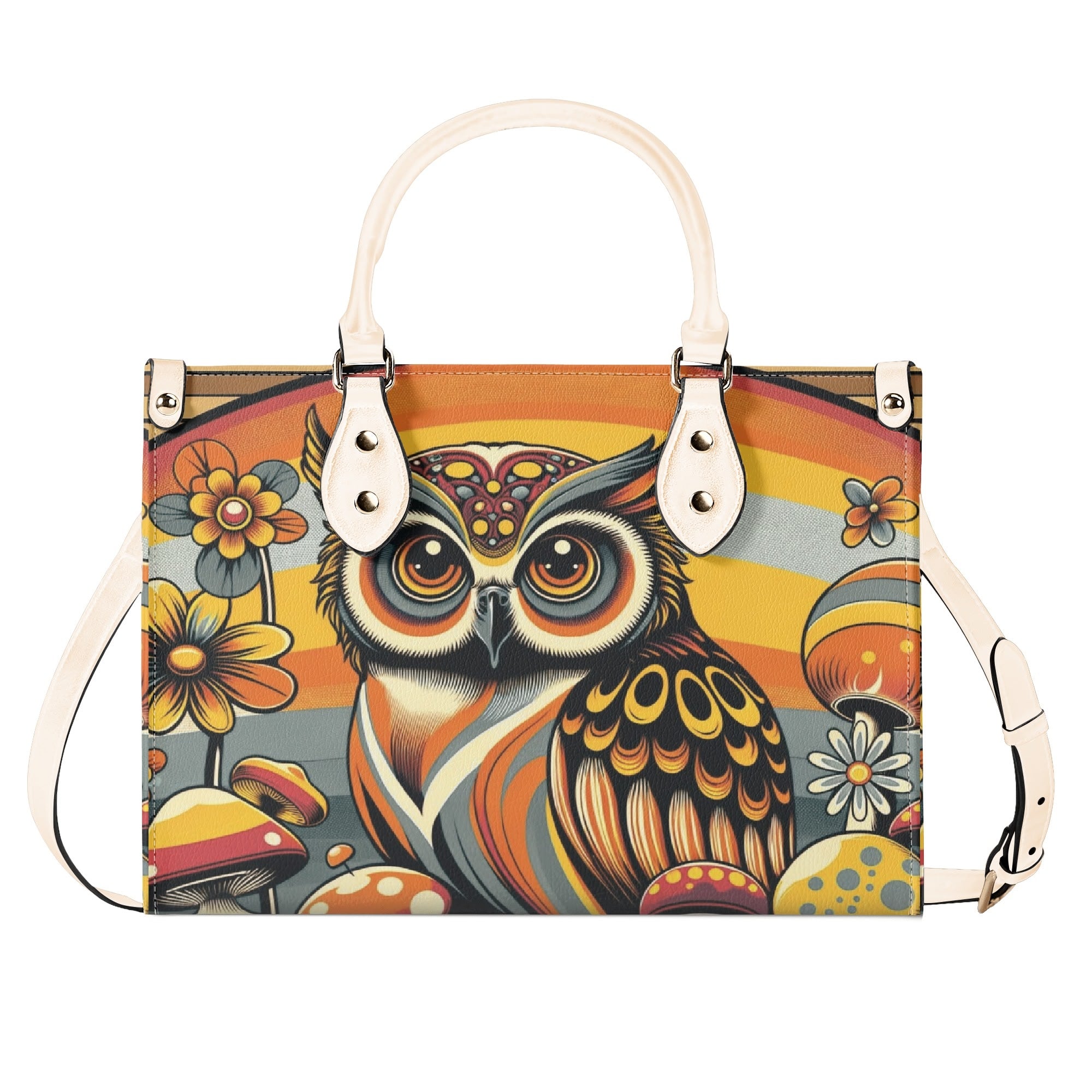 Groovy 70s Retro Owl, Mushroom, Floral Hipster Funky Flaired Handbag Shoulder Bag - Mid Century Modern Gal