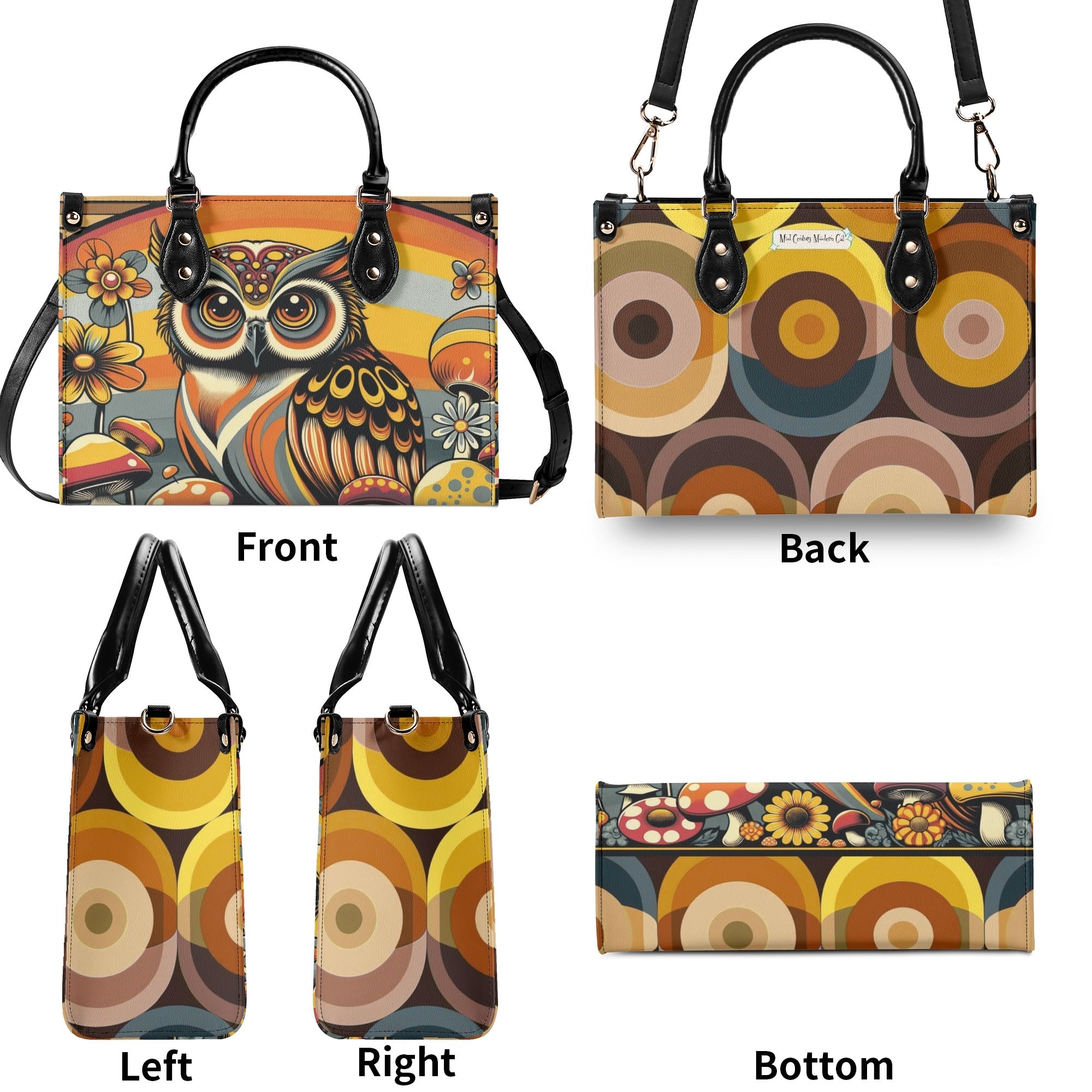 Groovy 70s Retro Owl, Mushroom, Floral Hipster Funky Flaired Handbag Shoulder Bag - Mid Century Modern Gal