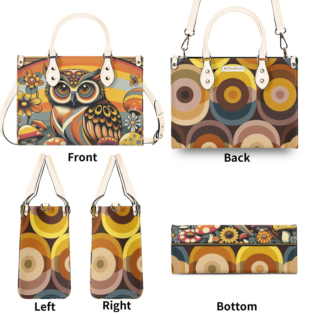 Groovy 70s Retro Owl, Mushroom, Floral Hipster Funky Flaired Handbag Shoulder Bag - Mid Century Modern Gal