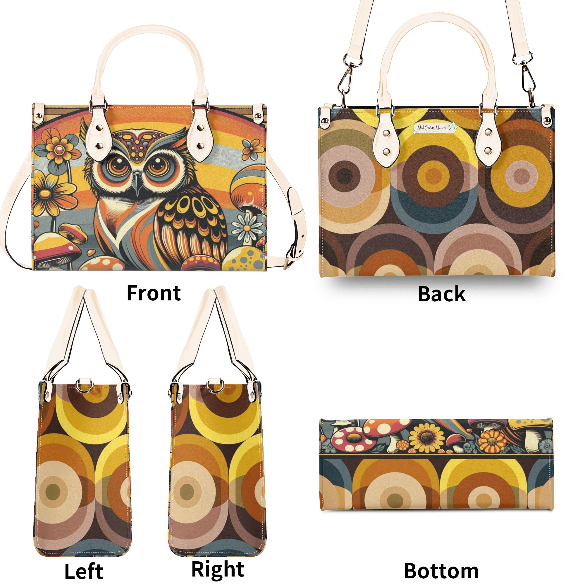 Groovy 70s Retro Owl, Mushroom, Floral Hipster Funky Flaired Handbag Shoulder Bag - Mid Century Modern Gal
