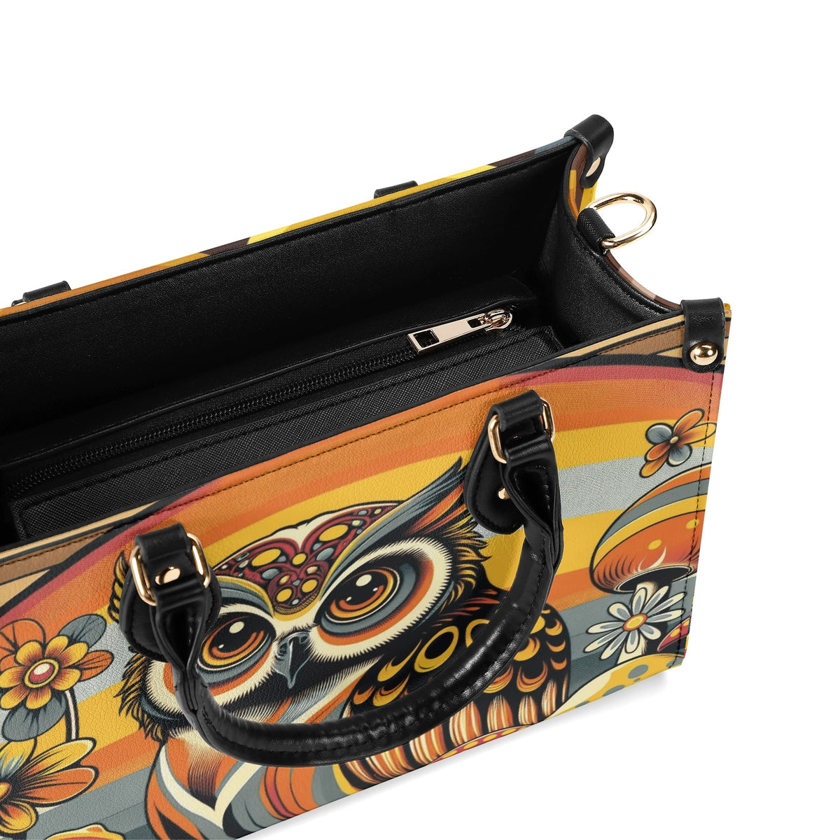 Groovy 70s Retro Owl, Mushroom, Floral Hipster Funky Flaired Handbag Shoulder Bag - Mid Century Modern Gal