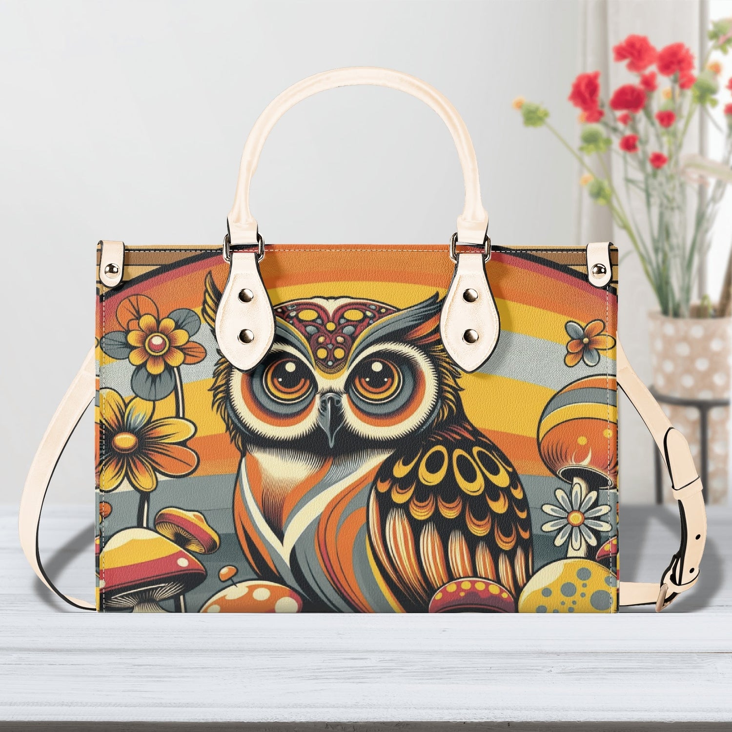 Groovy 70s Retro Owl, Mushroom, Floral Hipster Funky Flaired Handbag Shoulder Bag - Mid Century Modern Gal