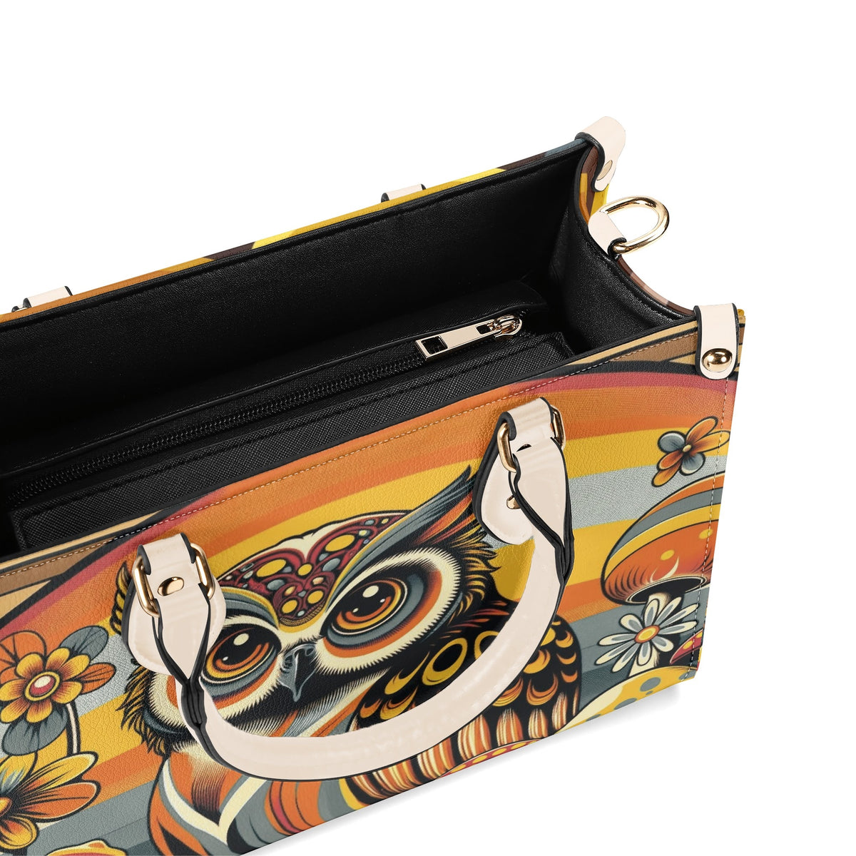 Groovy 70s Retro Owl, Mushroom, Floral Hipster Funky Flaired Handbag Shoulder Bag - Mid Century Modern Gal