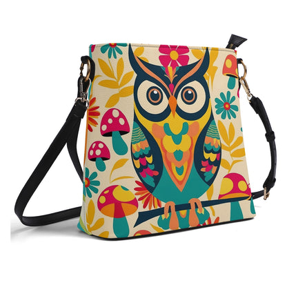 Retro 70s Mushroom, Owl Flower Power Groovy Mid Mod Shoulder Bucket Bag - Mid Century Modern Gal
