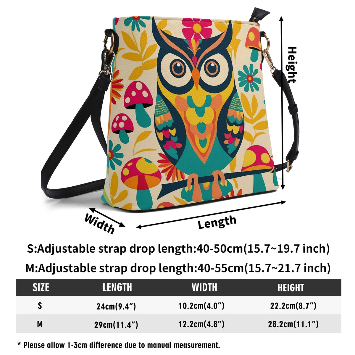 Retro 70s Mushroom, Owl Flower Power Groovy Mid Mod Shoulder Bucket Bag - Mid Century Modern Gal