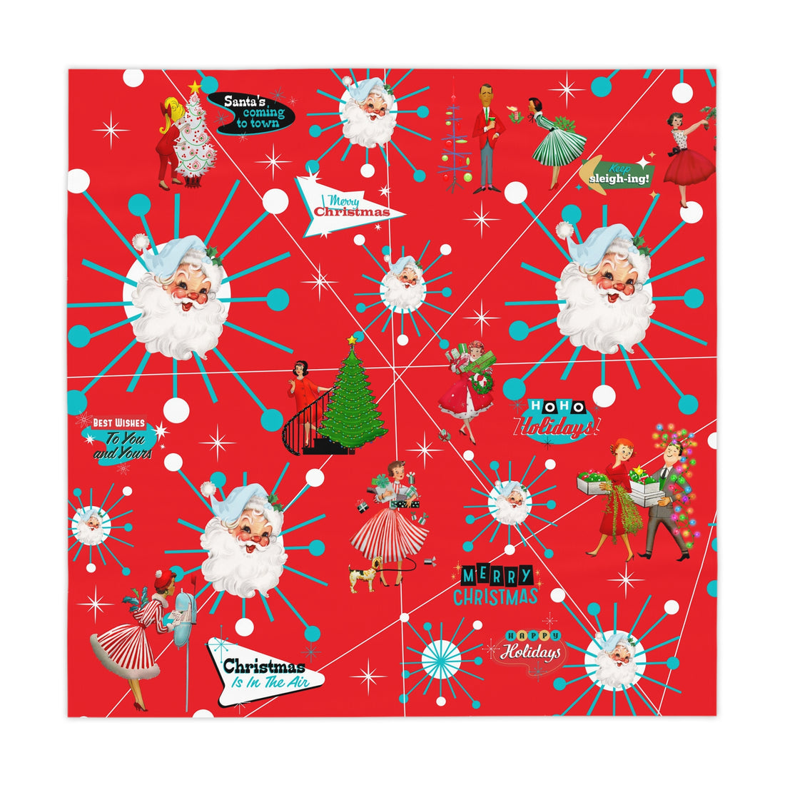 Mid Century Modern Christmas Vintage Red HolidayTablecloth - Festive Holiday Decor with Santa &amp; Cheerful Designs - Mid Century Modern Gal