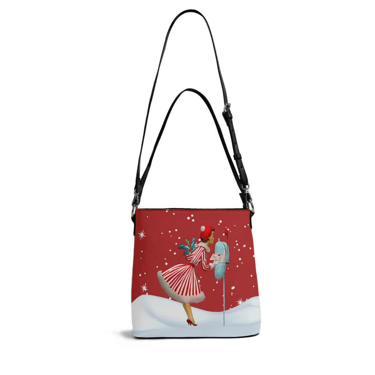 Mid Century Modern Holiday Kitschy Mod Gal, Red Retro Christmas Trendy Bucket Shoulder Bag - Mid Century Modern Gal