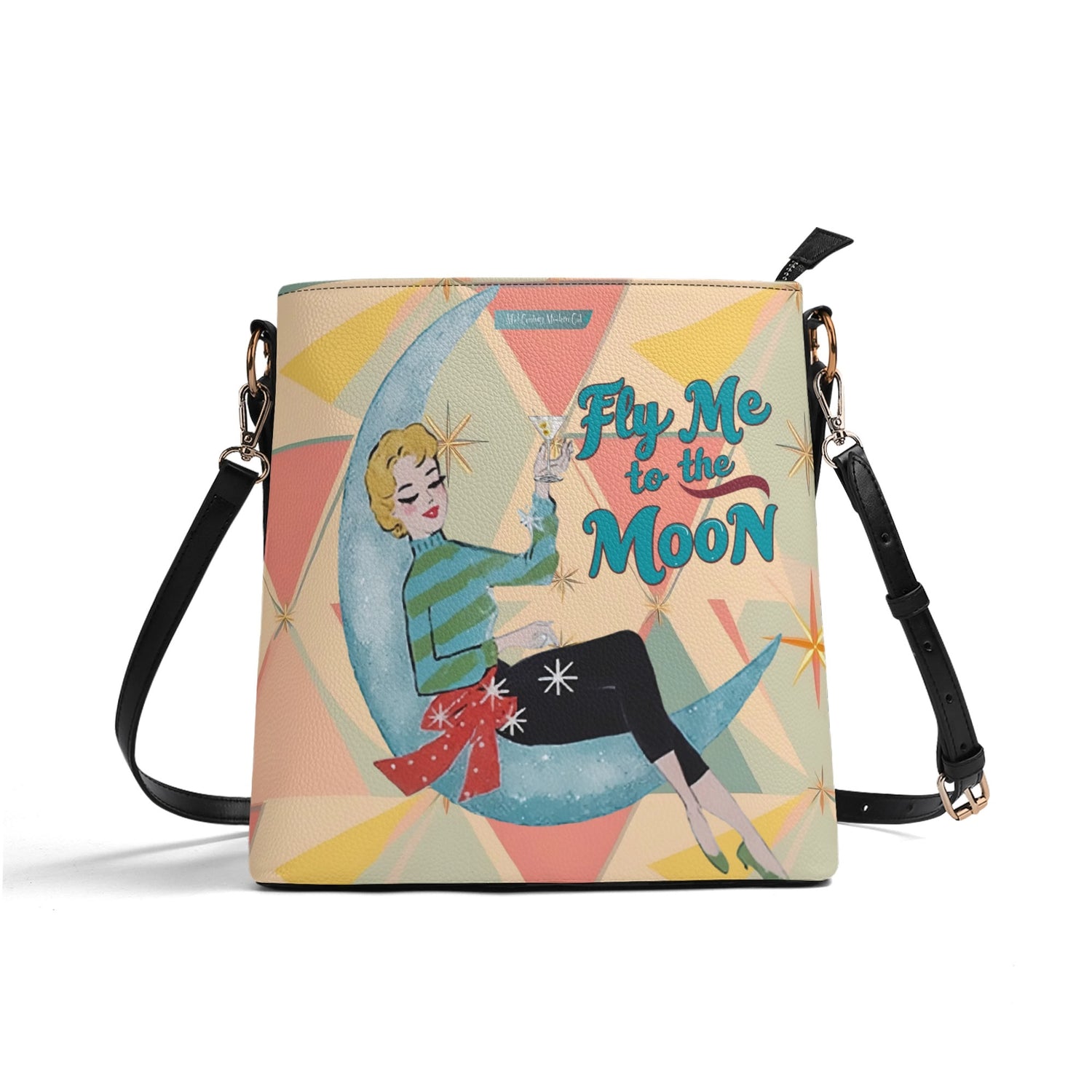 Mid Century Modern Kitschy Christmas Fly Me To The Moon Holiday Trendy Bucket Bag - Mid Century Modern Gal