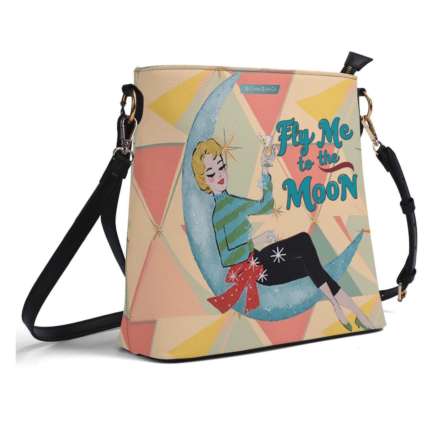 Mid Century Modern Kitschy Christmas Fly Me To The Moon Holiday Trendy Bucket Bag - Mid Century Modern Gal