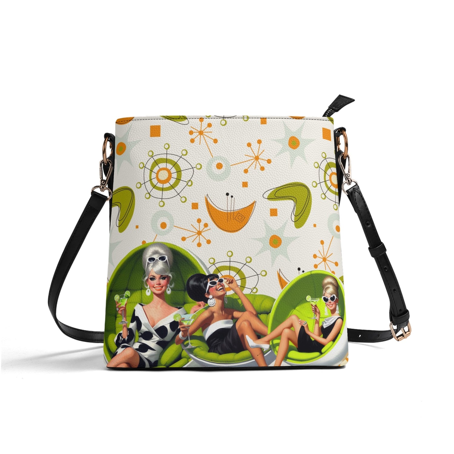 Mid Mod Retro Gals, Funky Fun Fashion Bag, Orange, Green Atomic Starbursts By MCM Gal, Mid Century Mod Kitschy Trendy Purse - Mid Century Modern Gal