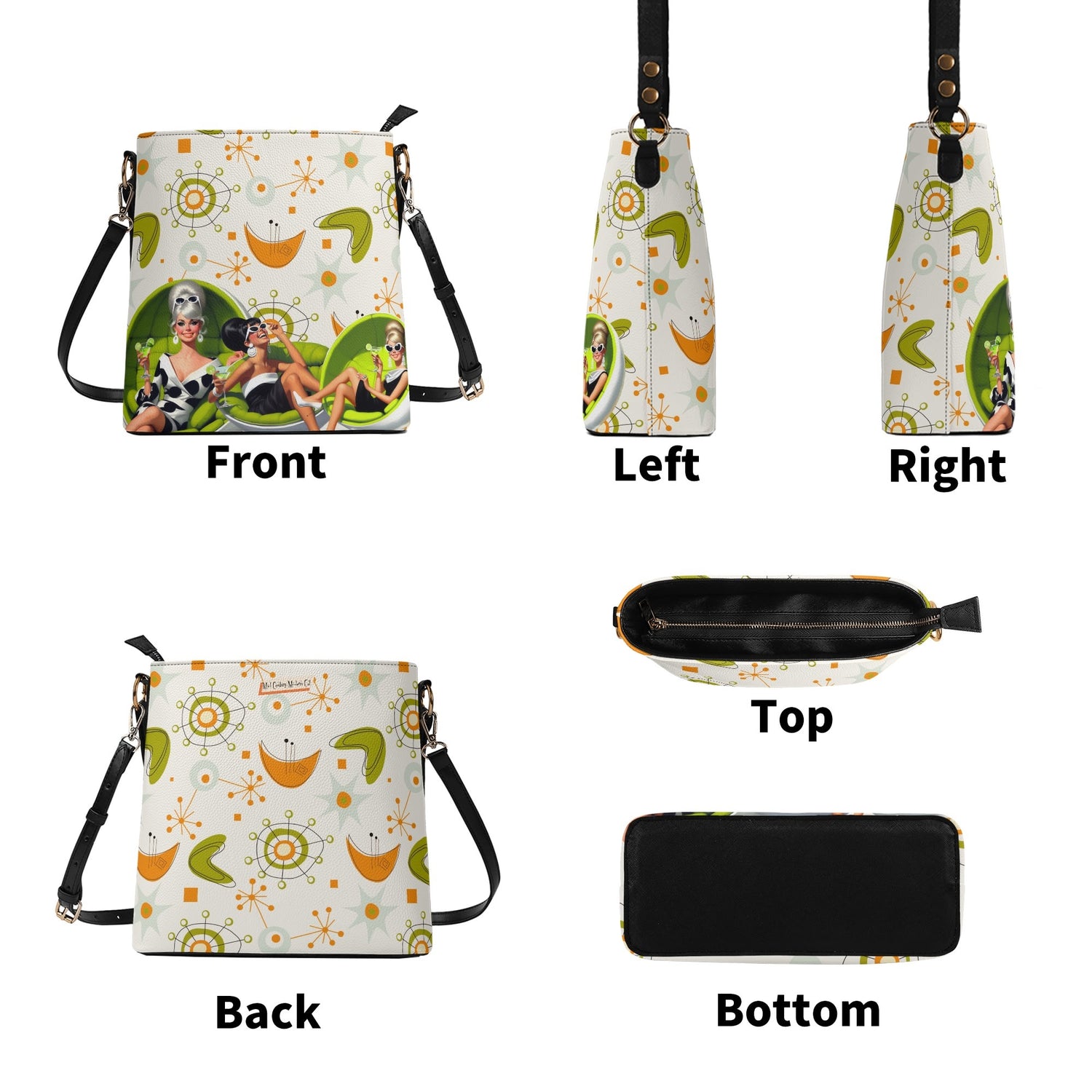 Mid Mod Retro Gals, Funky Fun Fashion Bag, Orange, Green Atomic Starbursts By MCM Gal, Mid Century Mod Kitschy Trendy Purse - Mid Century Modern Gal