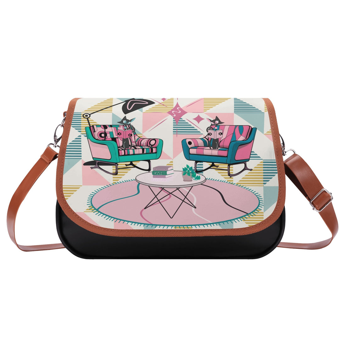 Atomic Reading Cats, Kitschy Mod Shoulder Bag - Mid Century Modern Gal