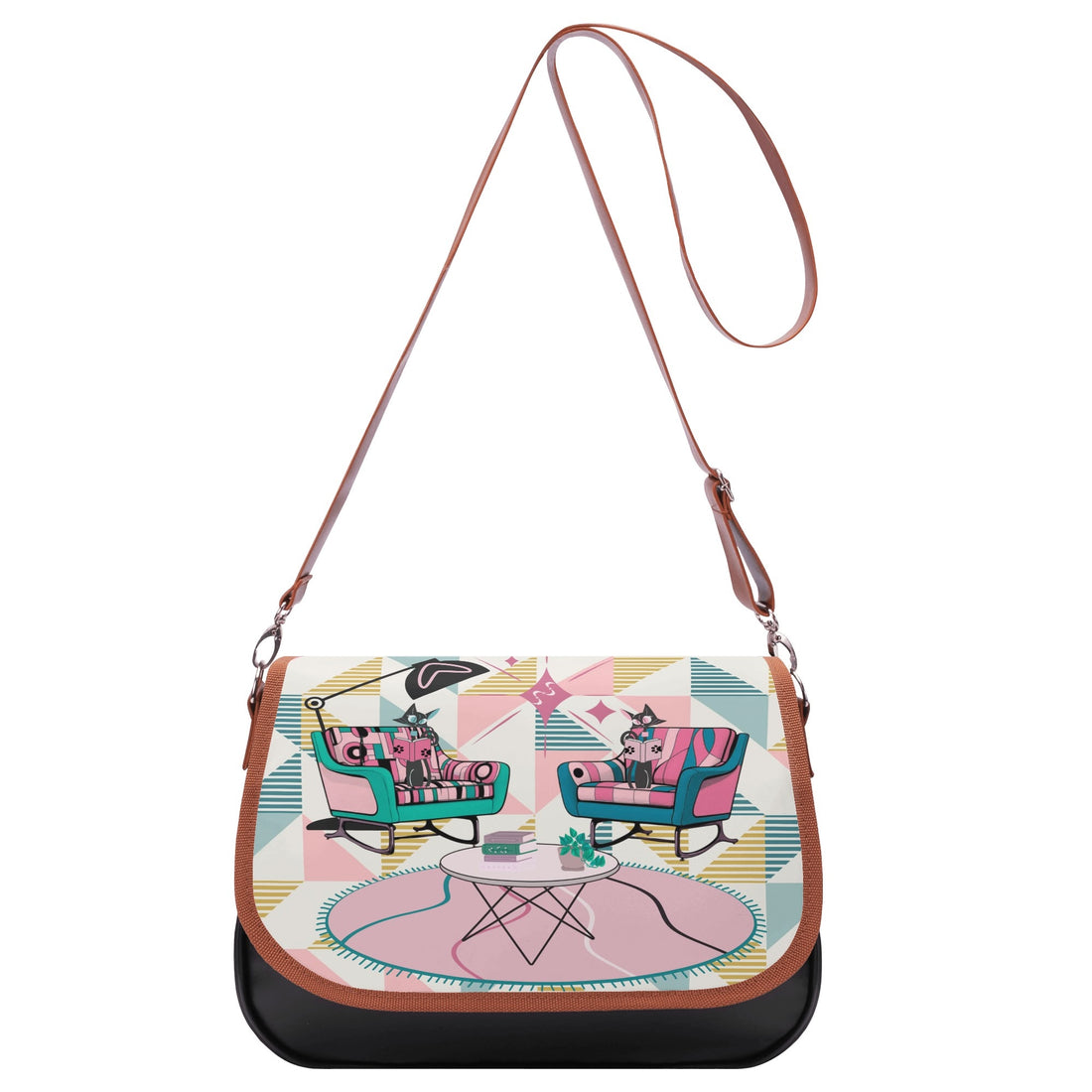 Atomic Reading Cats, Kitschy Mod Shoulder Bag - Mid Century Modern Gal