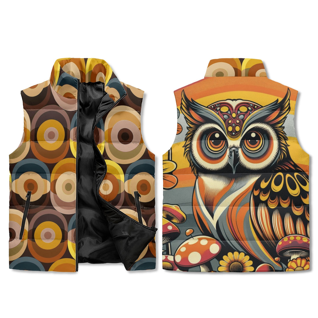 Retro Puffer Vest, Groovy 70s Owl, Brown Yellow Orbs Lightweight Vest - Mid Century Modern Gal