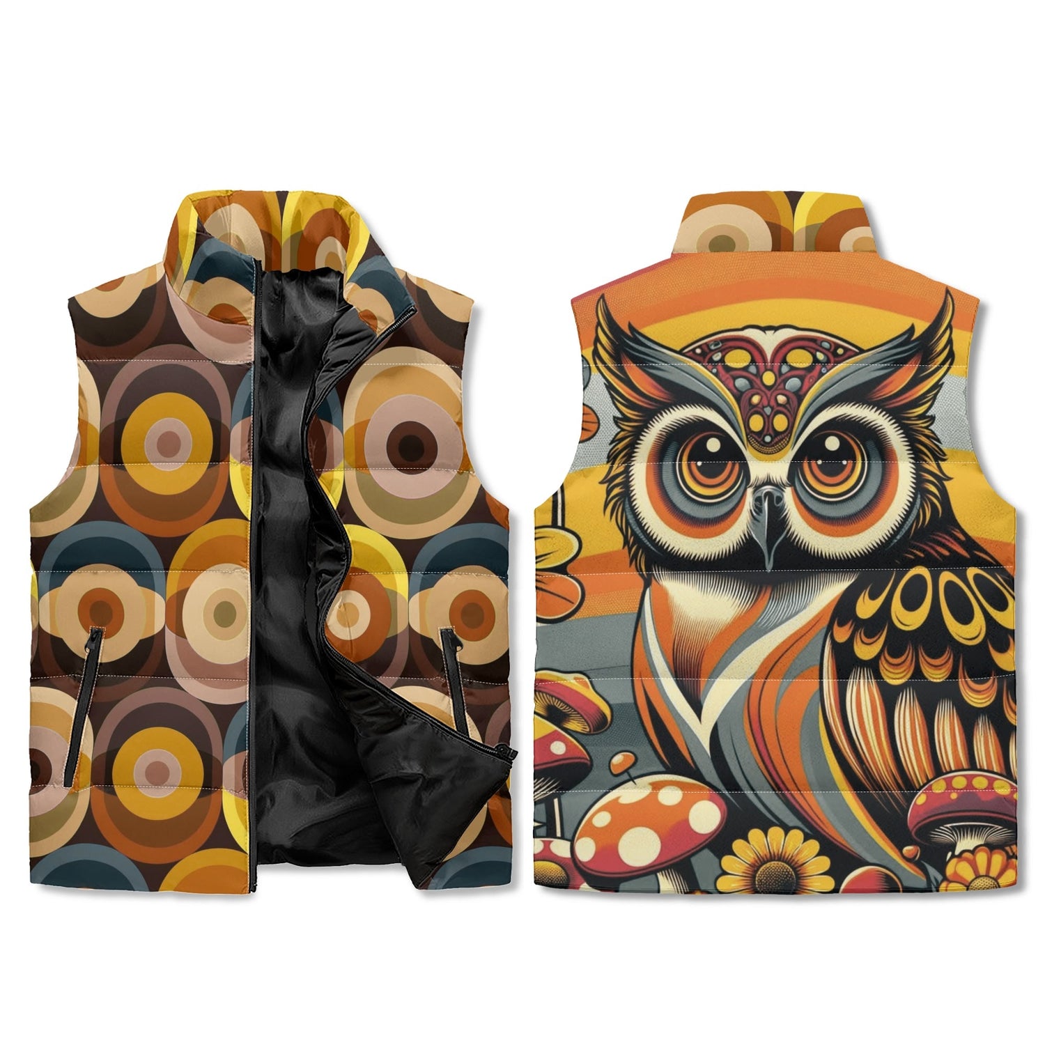 Retro Puffer Vest, Groovy 70s Owl, Brown Yellow Orbs Lightweight Vest - Mid Century Modern Gal