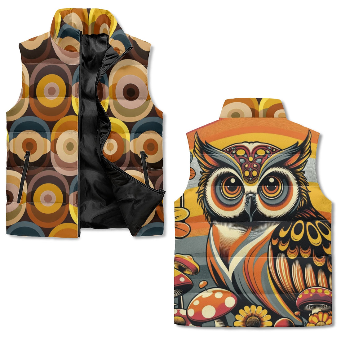Retro Puffer Vest, Groovy 70s Owl, Brown Yellow Orbs Lightweight Vest - Mid Century Modern Gal