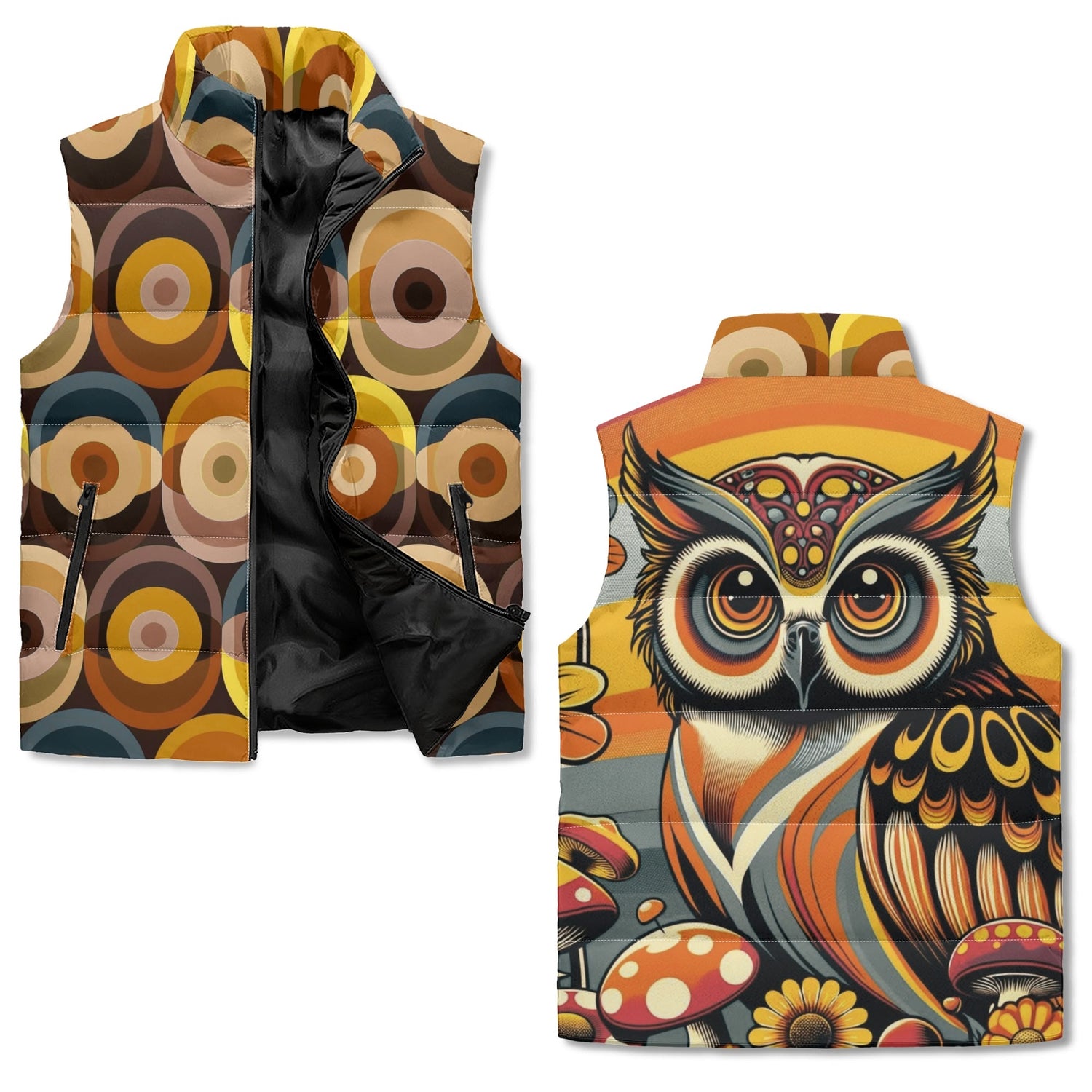 Retro Puffer Vest, Groovy 70s Owl, Brown Yellow Orbs Lightweight Vest - Mid Century Modern Gal