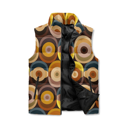 Retro Puffer Vest, Groovy 70s Owl, Brown Yellow Orbs Lightweight Vest - Mid Century Modern Gal