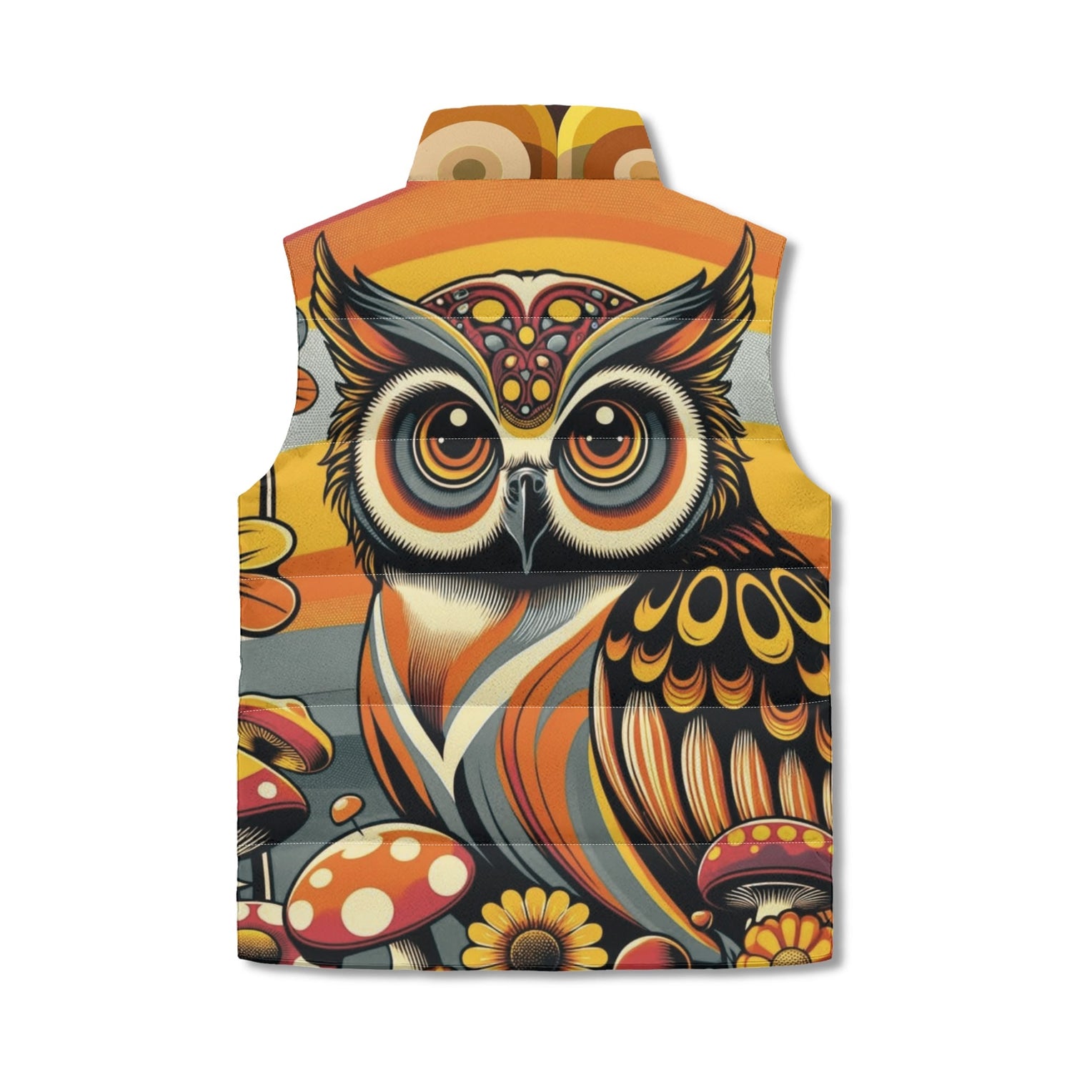 Retro Puffer Vest, Groovy 70s Owl, Brown Yellow Orbs Lightweight Vest - Mid Century Modern Gal