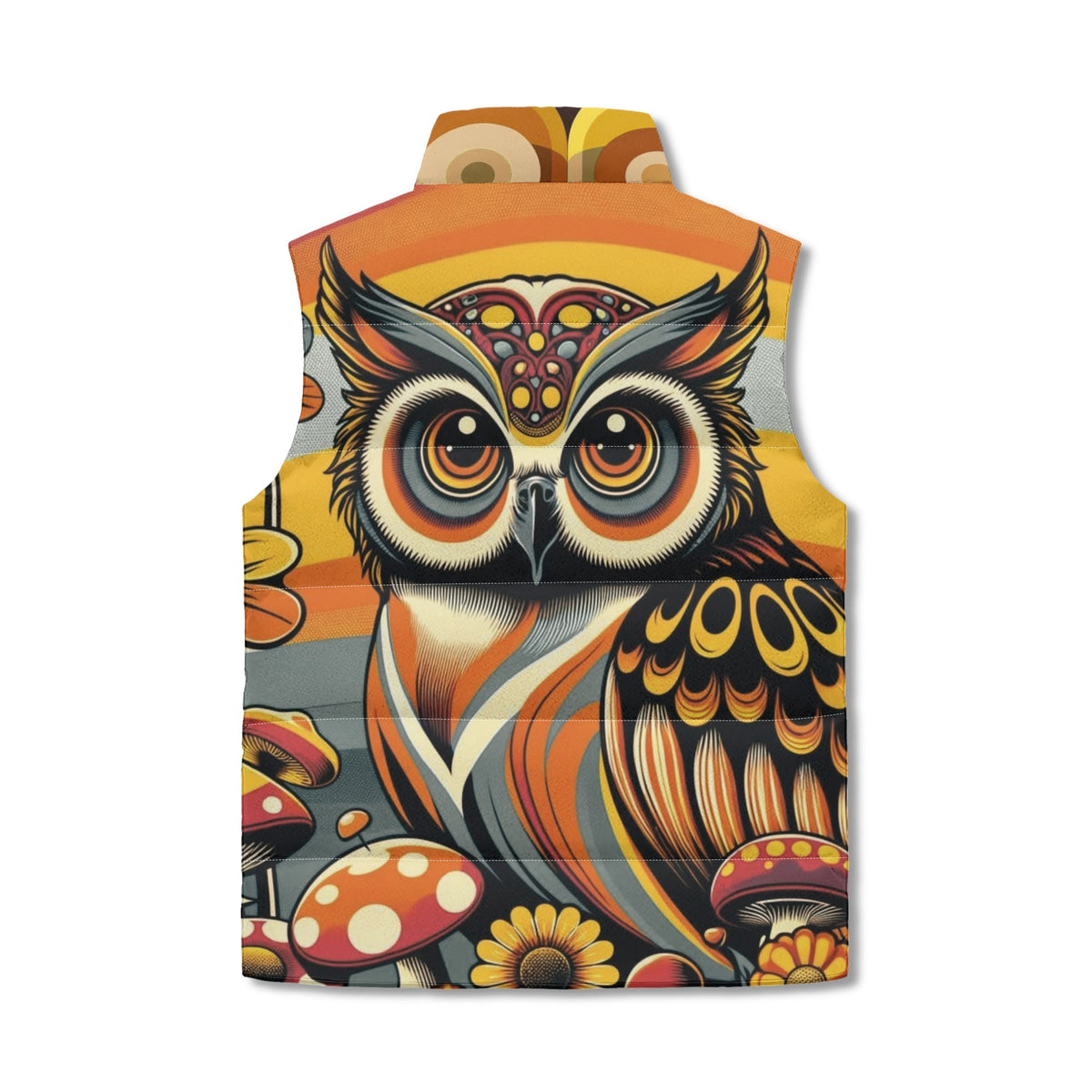 Retro Puffer Vest, Groovy 70s Owl, Brown Yellow Orbs Lightweight Vest - Mid Century Modern Gal