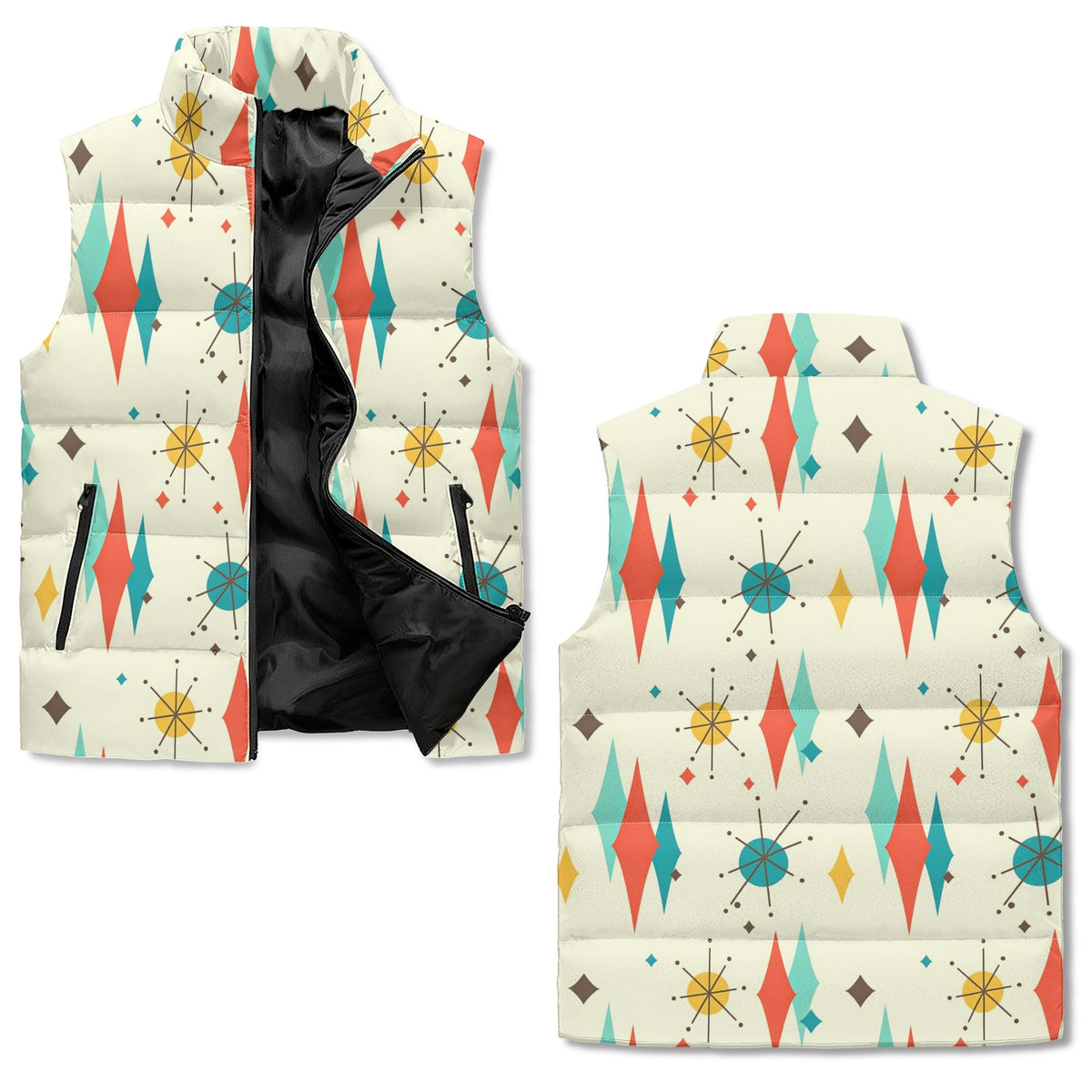 Mid Century Modern Franciscan Starburst Retro Lightweight Puffer Vest - Mid Century Modern Gal