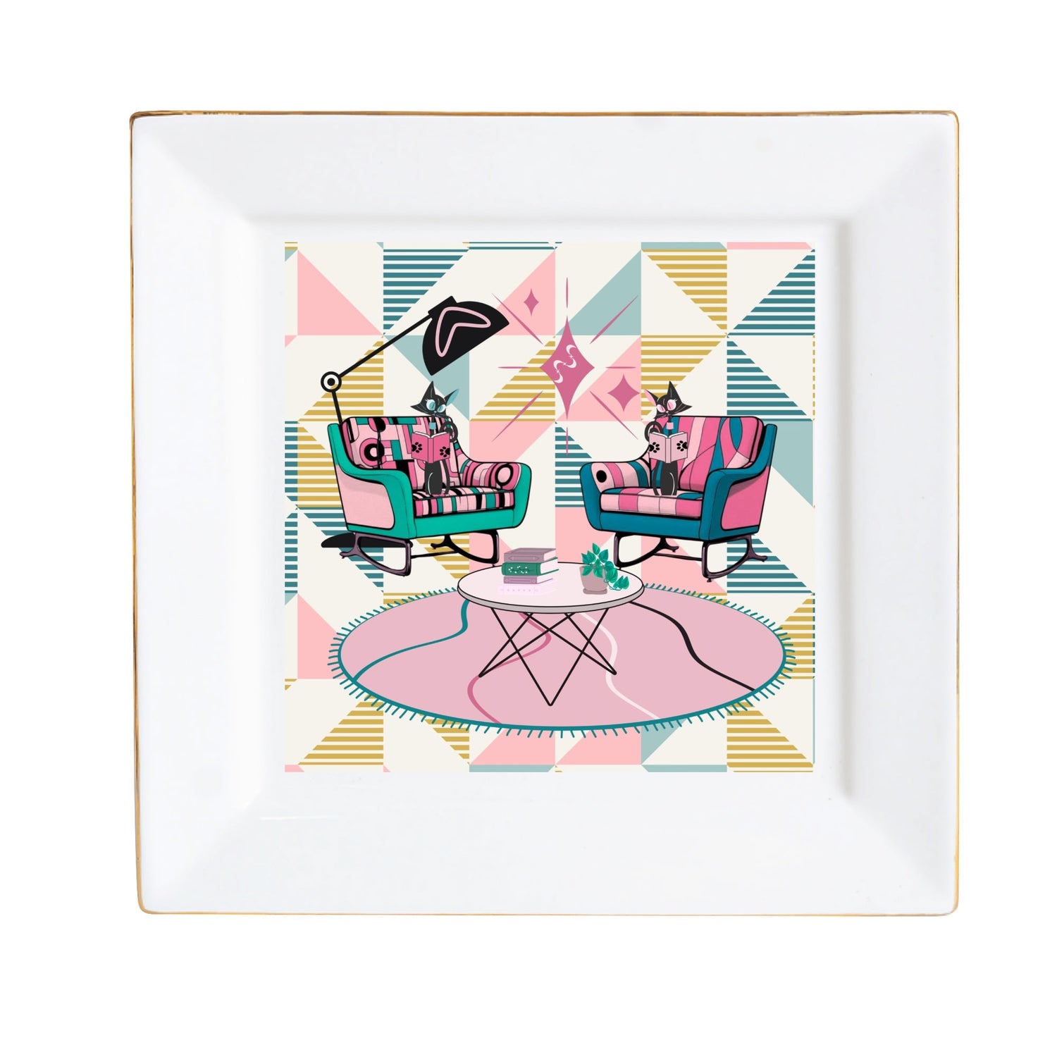 Atomic Reading Cats, Kitschy Kitchen Dessert Appetizer Cat Plates - Mid Century Modern Gal
