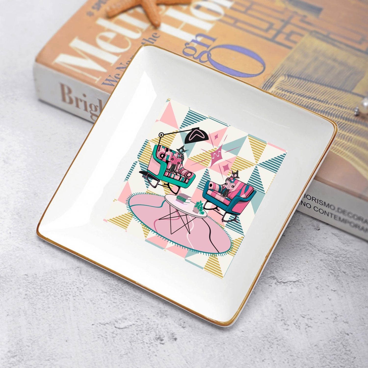 Atomic Reading Cats, Kitschy Kitchen Dessert Appetizer Cat Plates - Mid Century Modern Gal