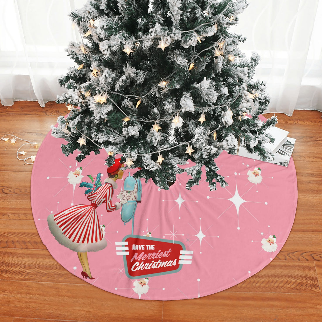 Mid Century Modern Atomic Pink Retro Santa And Merry Christmas Mod Gal Tree Skirt - Mid Century Modern Gal