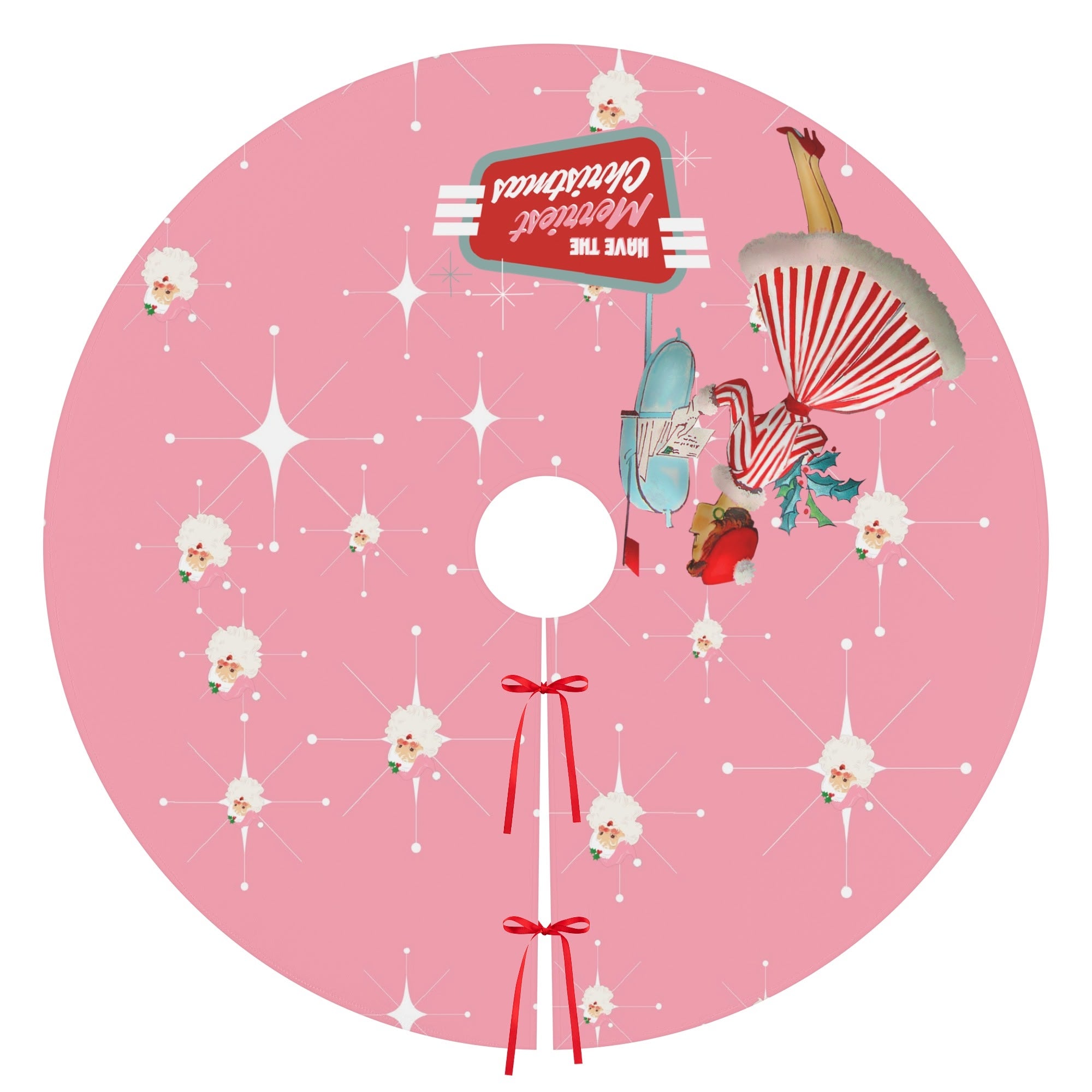 Mid Century Modern Atomic Pink Retro Santa And Merry Christmas Mod Gal Tree Skirt - Mid Century Modern Gal