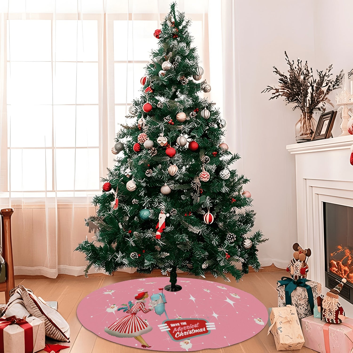 Mid Century Modern Atomic Pink Retro Santa And Merry Christmas Mod Gal Tree Skirt - Mid Century Modern Gal