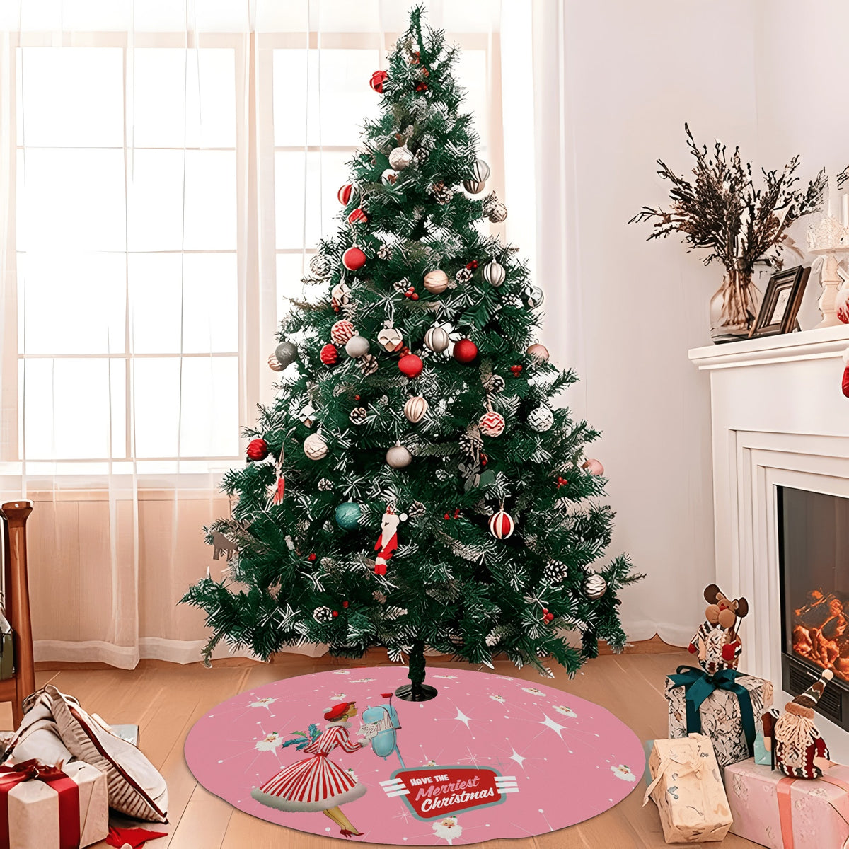 Mid Century Modern Atomic Pink Retro Santa And Merry Christmas Mod Gal Tree Skirt - Mid Century Modern Gal
