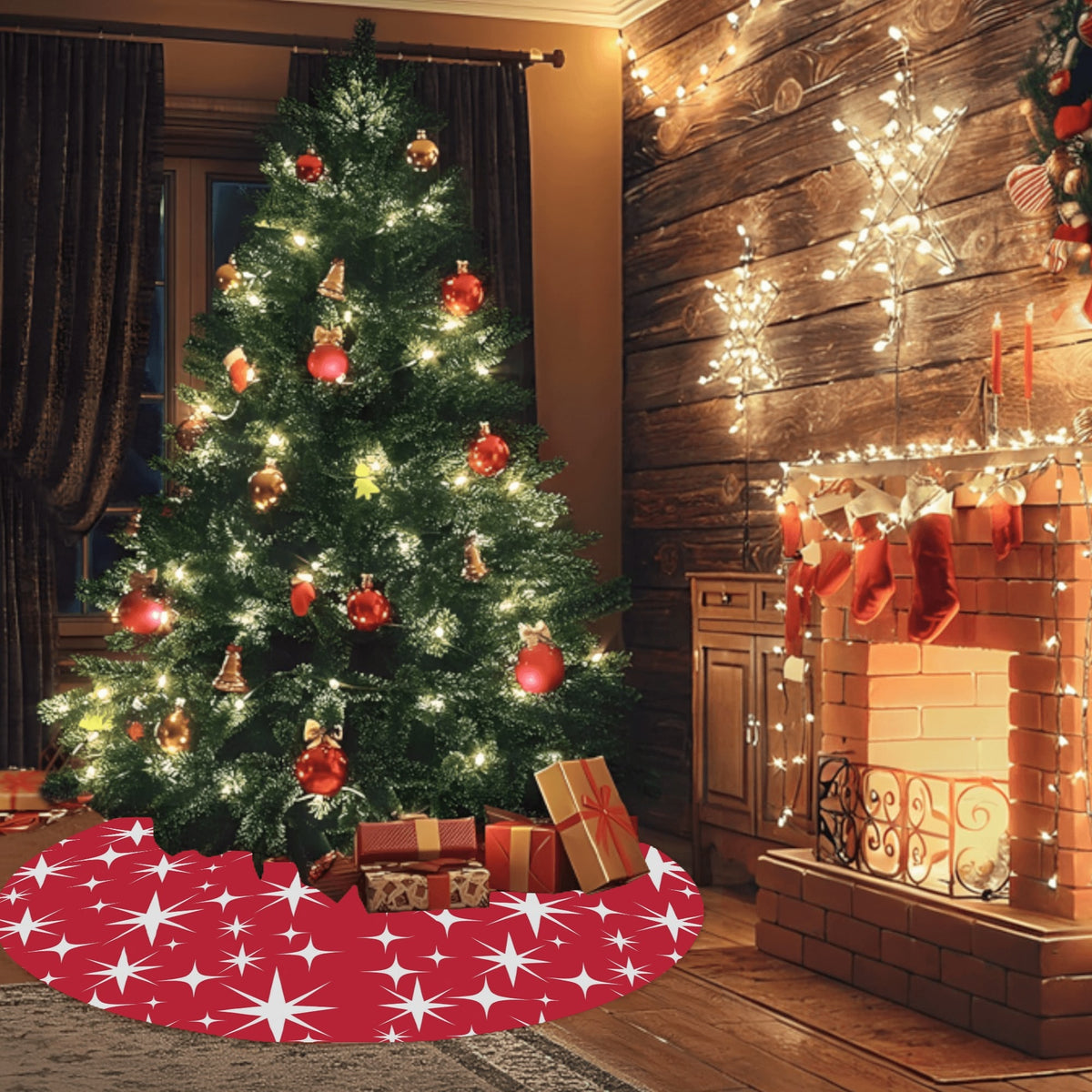 Mid Century Modern Red Atomic Starbursts Christmas Tree Skirt - Mid Century Modern Gal