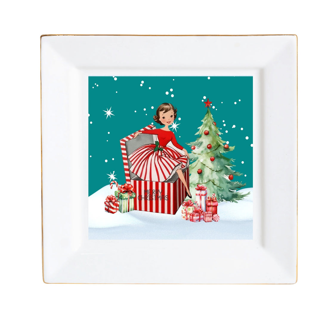 Kitschy Mod 50s Christmas Gal, Holiday Dessert And Appetizer Plates - Mid Century Modern Gal