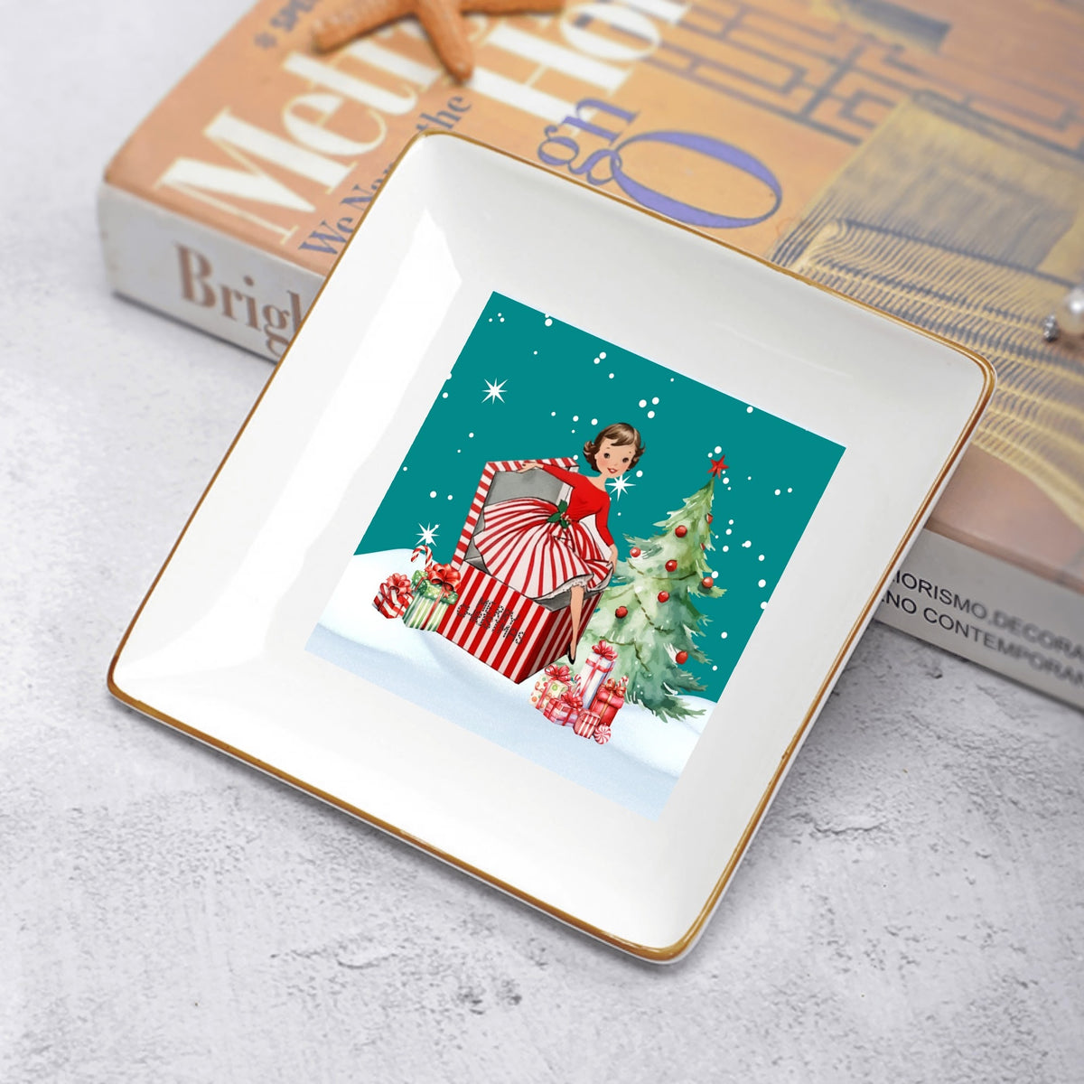 Kitschy Mod 50s Christmas Gal, Holiday Dessert And Appetizer Plates - Mid Century Modern Gal