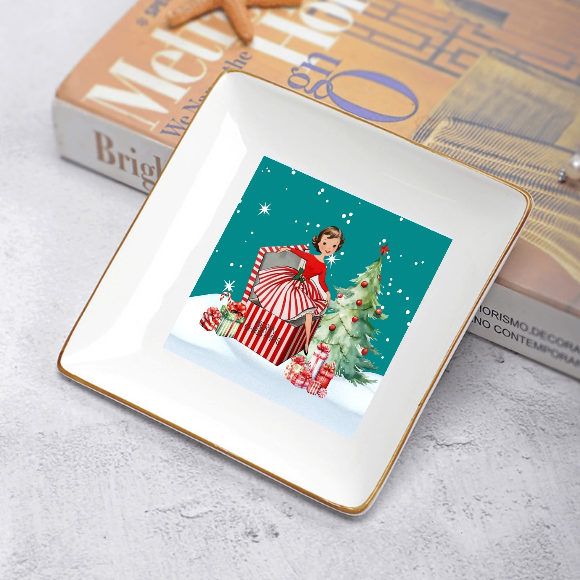 Kitschy Mod 50s Christmas Gal, Holiday Dessert And Appetizer Plates - Mid Century Modern Gal
