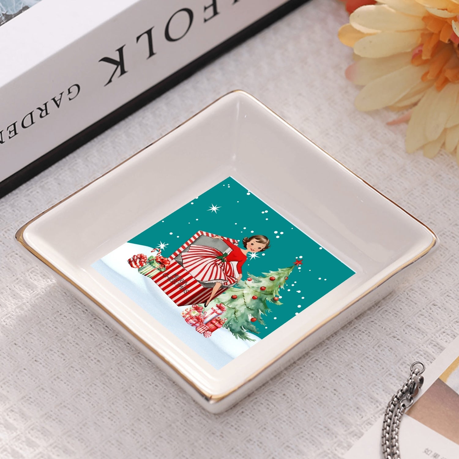 Kitschy Mod 50s Christmas Gal, Holiday Dessert And Appetizer Plates - Mid Century Modern Gal